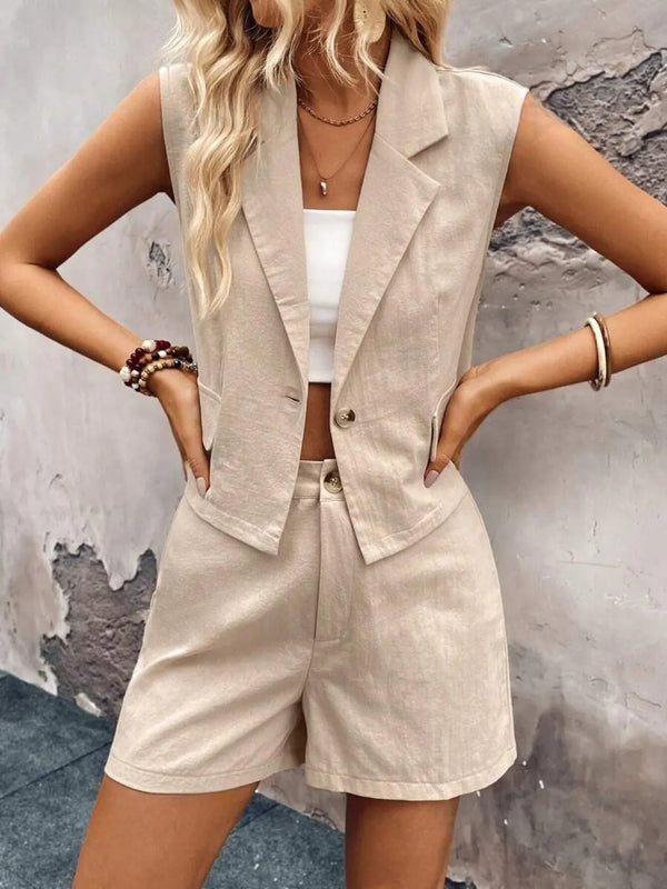 One Button Sleeveless Top and Shorts Set
